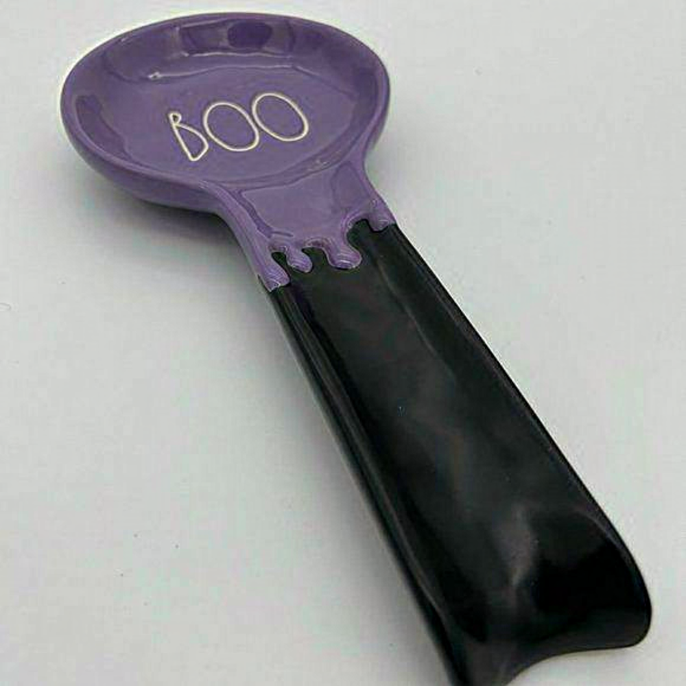 NEW‎ Rae Dunn Halloween "BOO" Black and Purple Ceramic Spoon Rest